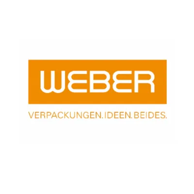 Weber Logo mit orangefarbenem Hintergrund und Slogan Verpackungen Ideen Beides