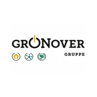Logo der GRONOVER Gruppe mit drei Symbolen für Haus, Vernetzung und Umwelt in unterschiedlichen Farben