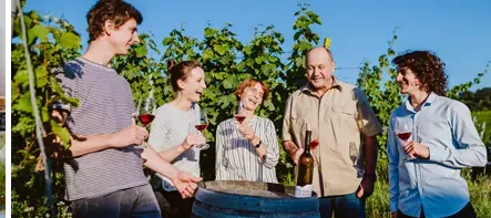 Menschen genießen Weinprobe im Weingut, mit Wein und Käse im Freien und einer Weinverkäuferin im Laden.