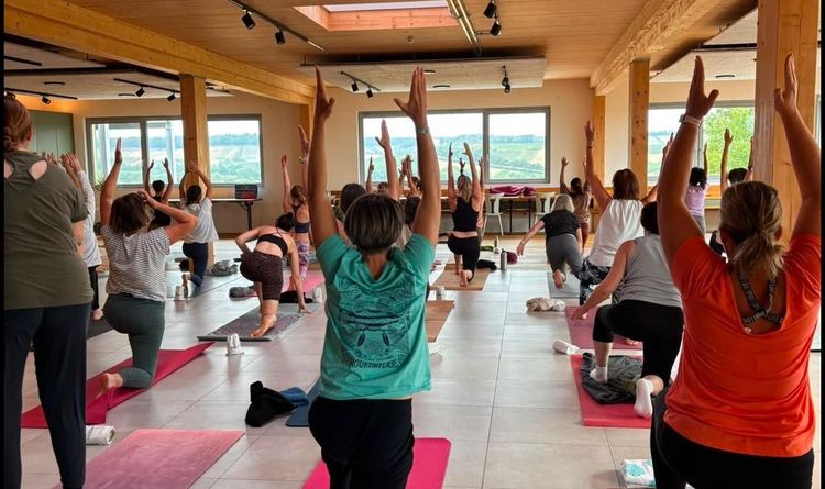 Gruppen-Yogastunde mit Teilnehmern auf Yogamatten in einem hellen Raum mit Panoramafenstern