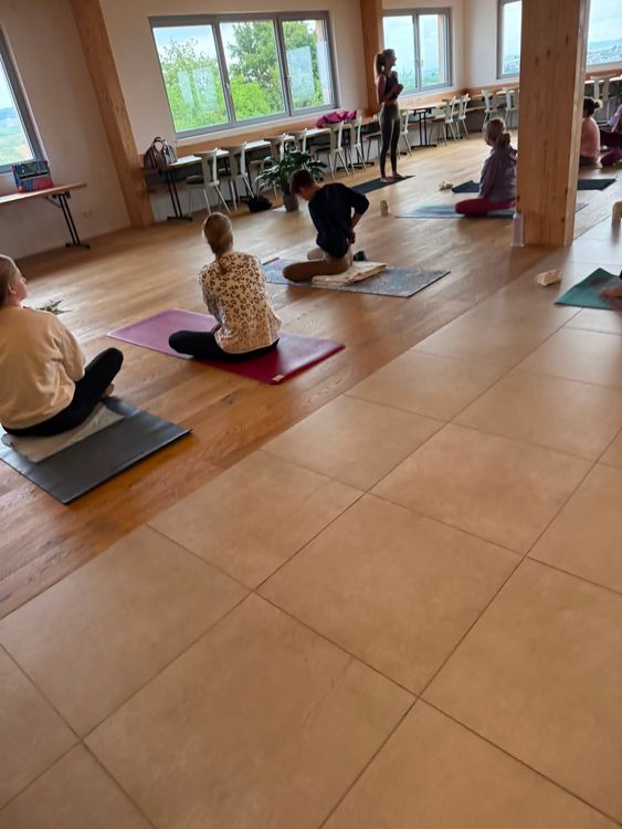 Gruppe Menschen beim Yoga in hellem Raum mit großen Fenstern und Holzboden