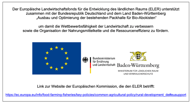 Informationstafel über ELER Förderung für Ausbau und Optimierung einer Packhalle in Baden-Württemberg mit Logos von EU, Bundesministerium und Baden-Württemberg