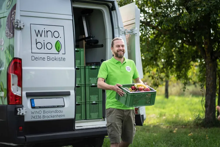 Mann in grünem Polo liefert Biokiste mit frischem Obst aus grünem Transporter aus