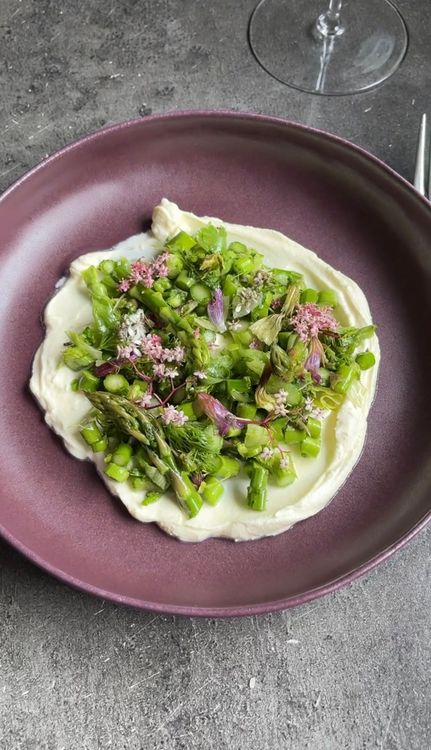 Frühlingsteller mit grünen Spargelstücken, Frischkäse und essbaren Blüten auf lila Teller