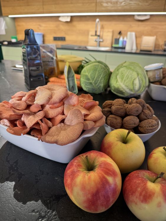 Frisches Obst, Gemüse, Pilze, Nüsse und Küchenutensilien auf einer Küchenarbeitsplatte