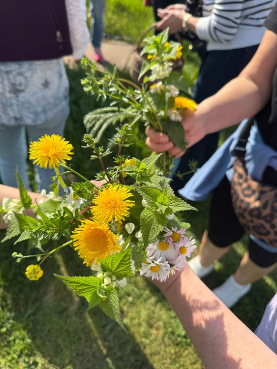 Mehrere Personen halten bunte Frühlingsblumensträuße mit Löwenzahn und Gänseblümchen im Freien.