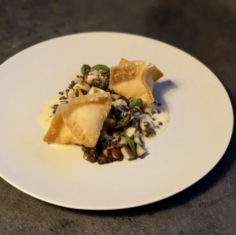 Zwei gebratene Teigtaschen auf Linsensalat mit grünen Kräutern und cremiger Sauce auf weißem Teller