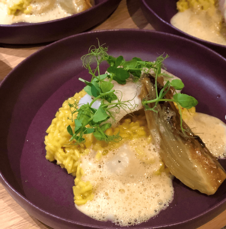 Gelbes Risotto mit Schaumsoße, gegrilltem Gemüse und frischen grünen Kräutern auf violettem Teller