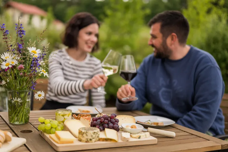 Paar stößt mit Rot- und Weißwein bei Picknick mit Käse, Trauben und Blumen im Garten an