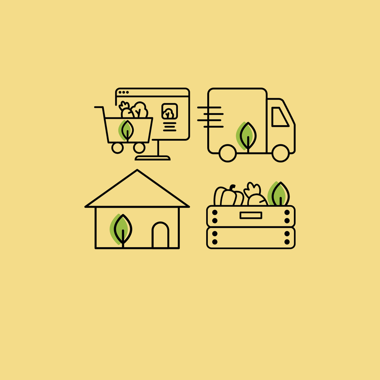 Symbole für nachhaltigen Lebensmittelhandel: Online-Einkauf, Transport, Haus und Gemüsekiste mit grünen Blättern