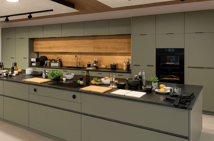 Moderne graue Küche mit langer Insel, schwarzen Arbeitsplatten und Holzrückwand mit Kochutensilien.