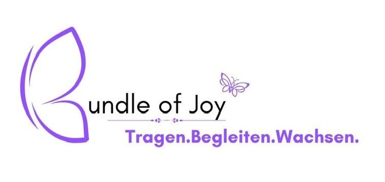 Logo mit lila Schmetterlingsflügeln und Schriftzug Bundle of Joy Tragen Begleiten Wachsen