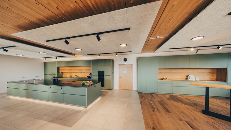 Moderne Küche mit grünen Schränken, großer Kochinsel und Holzdecke mit Beleuchtung