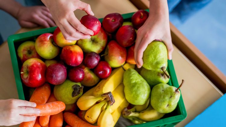 Hände greifen nach Obst in einer Kiste mit Äpfeln, Bananen, Birnen und Karotten.