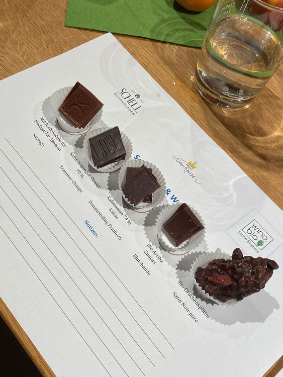 Fünf verschiedene Pralinen auf Zettel mit Schokoladennamen und Glas mit Wasser auf Holztisch