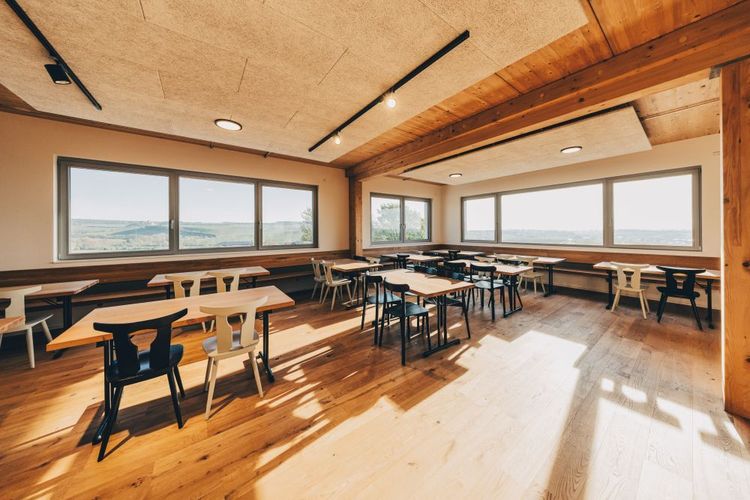 Heller moderner Klassenraum mit Holzstühlen und großen Fenstern, durch die Tageslicht fällt
