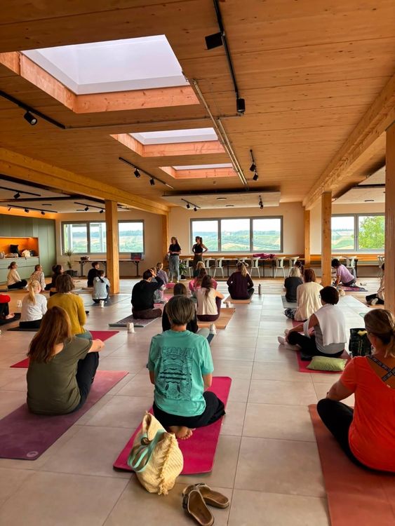 Yoga-Kurs mit Teilnehmern auf Matten in einem hellen Raum mit Holzbalken und großen Fenstern