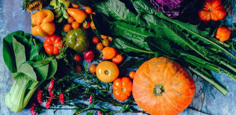 Verschiedene frische Gemüsesorten und Blätter auf rustikalem blauen Untergrund arrangiert