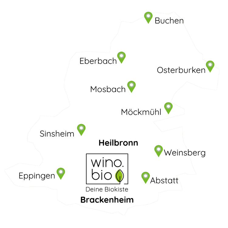 Karte von Baden-Württemberg mit markierten Städten: Eberbach, Mosbach, Buchen, Osterburken, Möckmühl, Sinsheim, Eppingen, Heilbronn, Weinsberg, Abstatt, Brackenheim.