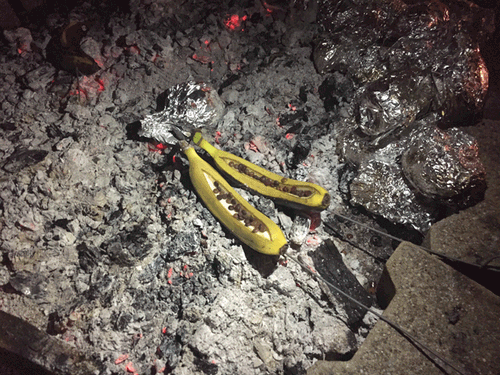 Zwei geöffnete Bananen mit Schokoladenstücken auf glühender Asche und mehrere in Alufolie eingewickelte Lebensmittel.