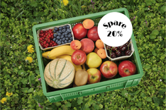 Kiste mit frischem Obst auf grünem Gras und 20% Rabattangebot